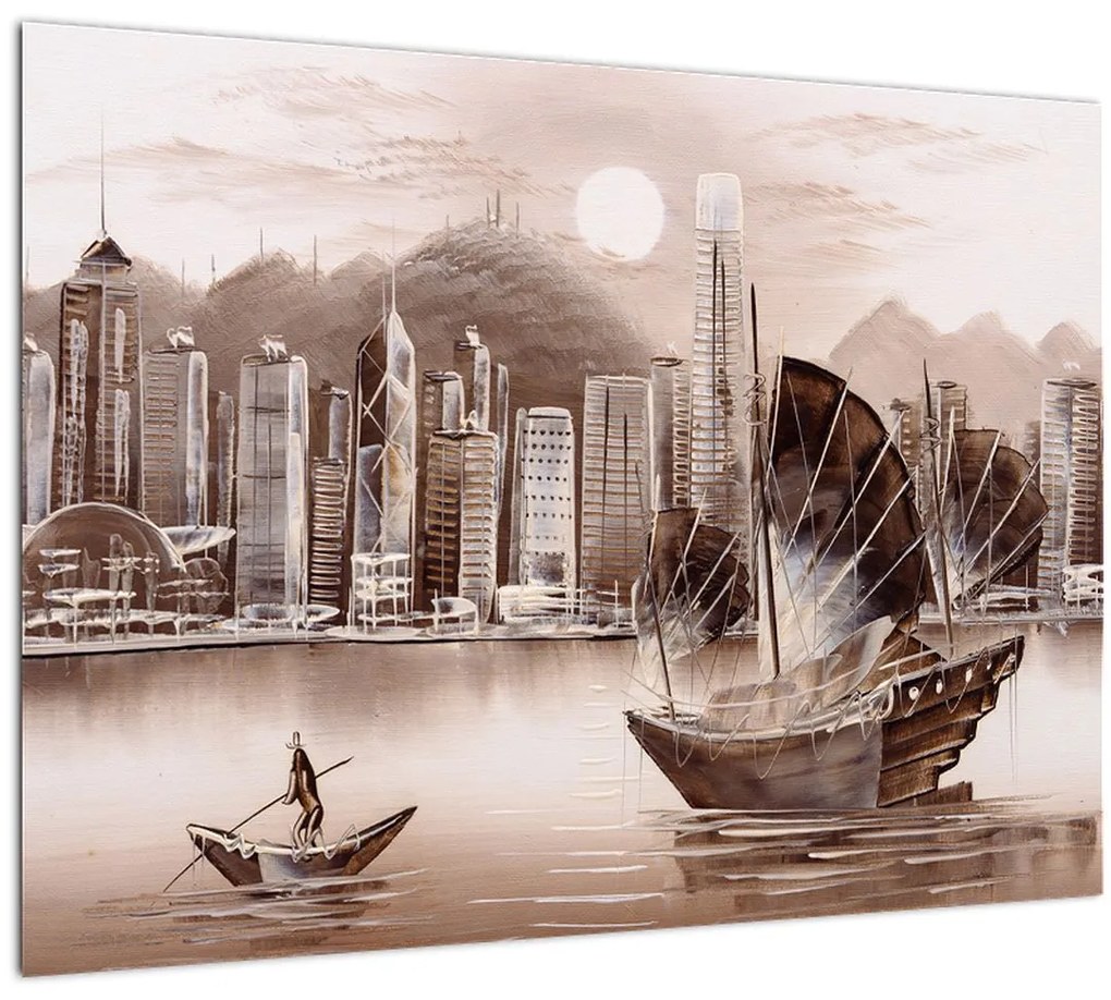 Tablou pe sticlă - Victoria Harbour, Hong Kong, efect sepia (70x50 cm)
