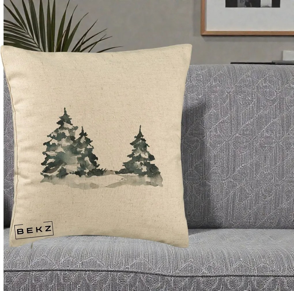 Perna Decorativa Brazi Inzapeziti Acuarela, 40x40 cm, Bej, Husa Detasabila, Perna Inclusa, BEKZ®