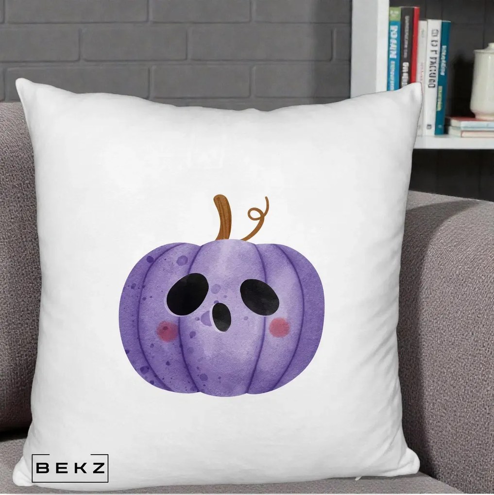Perna Decorativa Dovleac Halloween Mov Kawaii, 40x40 cm, Alb Pufos, Husa Detasabila, Perna Inclusa, BEKZ®