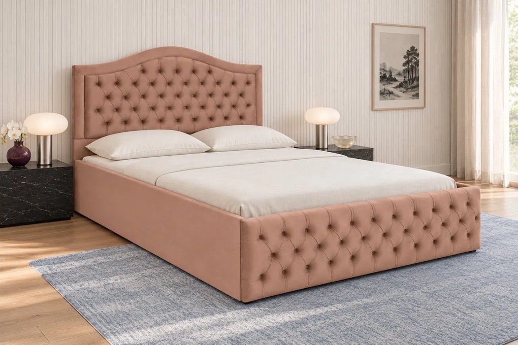 Pat tapițat din catifea Solaria 160×200 cm, cappuccino, cu ladă de depozitare