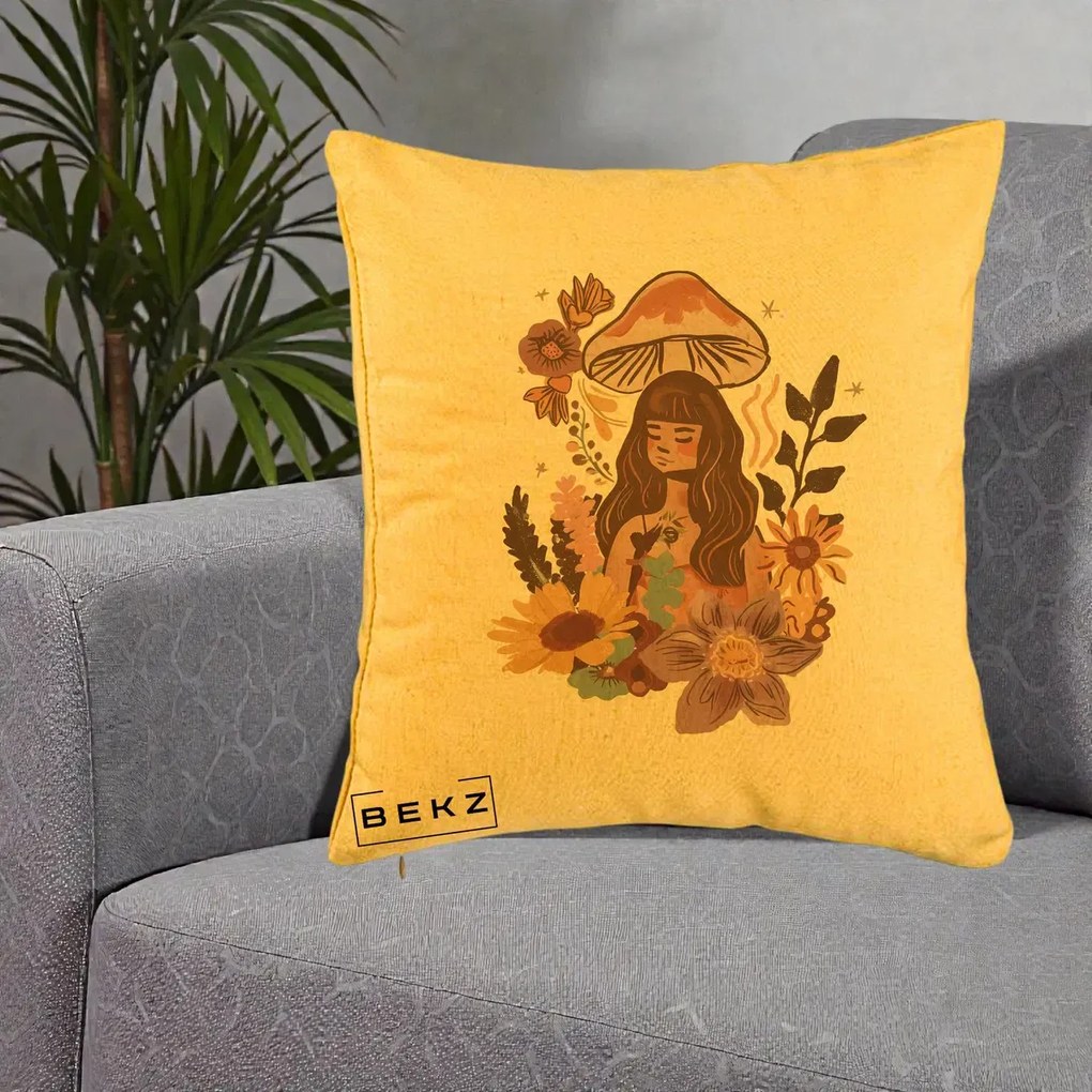 Perna Decorativa Fata Ciuperca Boho Florala, 40x40 cm, Galben, Husa Detasabila, Perna Inclusa, BEKZ®