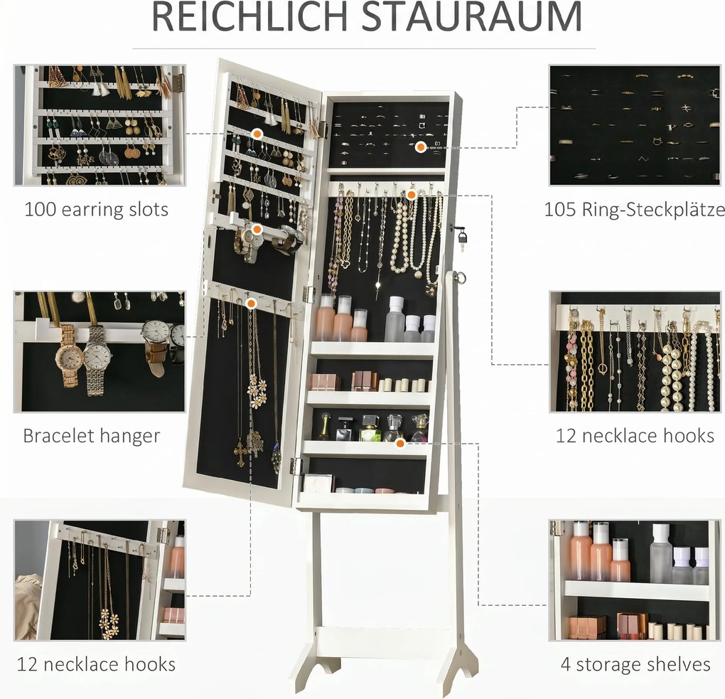 HOMCOM Oglindă Portbijuterii, Dulap Portbijuterii cu Unghi Reglabil, Organizator pentru Inele, Coliere, Cercei, Încuietoare cu Cheie, pentru Dormitor, Living, 46x36.5x151.5cm, Alb | Aosom Romania