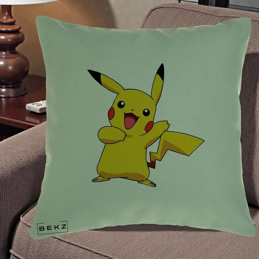 Perna Personalizata Pikachu Fericit, 40x40 cm, Verde, Husa Detasabila, Perna Inclusa, BEKZ®