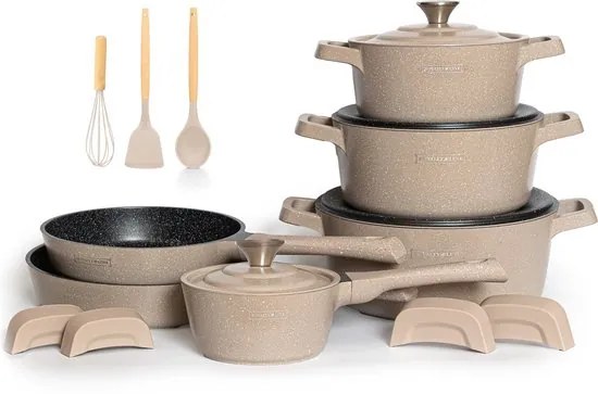 Setul de oale Royalty Line OS1014 pentru inductie - Set de 17 piese - 4 Manere Reci Detasabile - Potrivit pentru Toate Sursele de Caldura - Bej