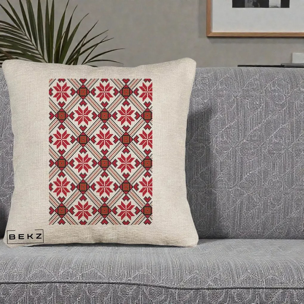 Perna Personalizata Motiv Traditional Ie Romaneasca Rosu, 40x40 cm, Bej Canapea, Husa Detasabila, Perna Inclusa, BEKZ®