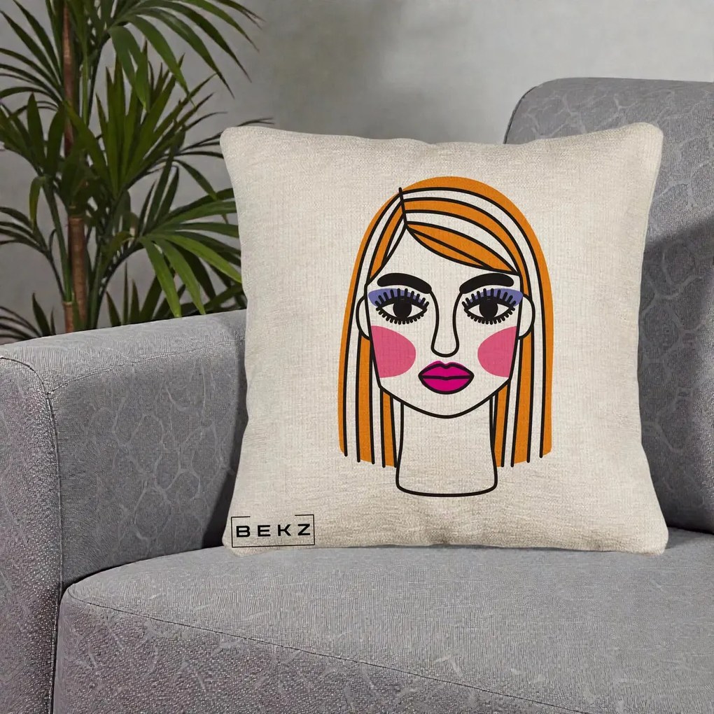 Perna Decorativa Portret Pop Art Fata, 40x40 cm, Bej Canapea, Husa Detasabila, Perna Inclusa, BEKZ®