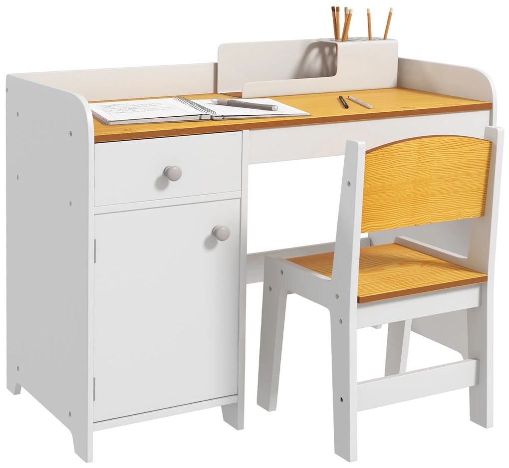Masa de birou  ZONEKIZ pentru copii cu scaun, birou de scoală pentru copii de 3-6 ani din lemn cu sertar si scaun asortat, alb | Aosom Romania
