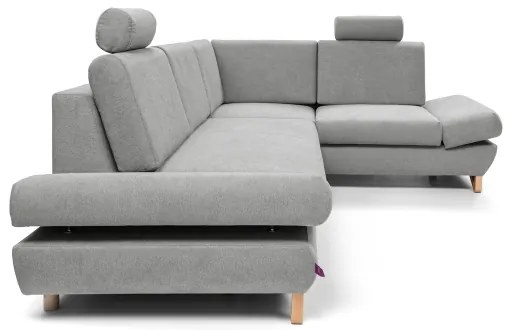 Colțar extensibil tapițat AVESTA, cu spațiu de depozitare, în formă de L, pe partea dreaptă, gri