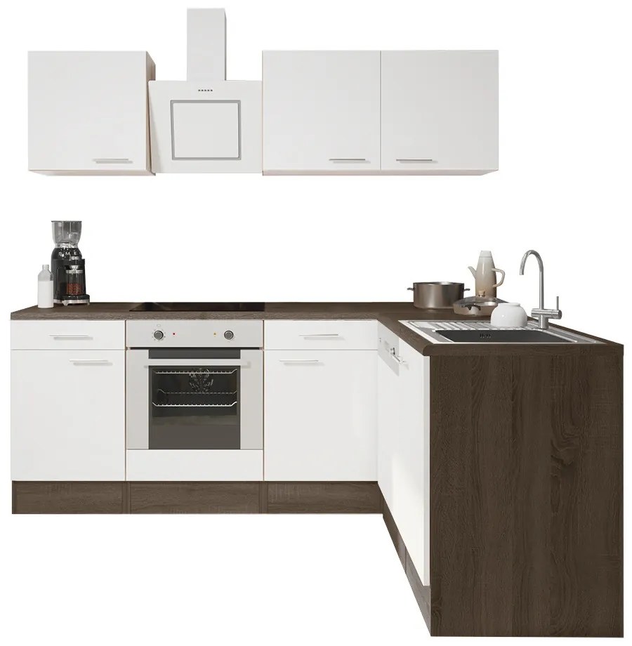 Mobilă de bucătărie de colț Yorki 220, corp din stejar Yorki, față alb satinat cu element inferior al cuptorului