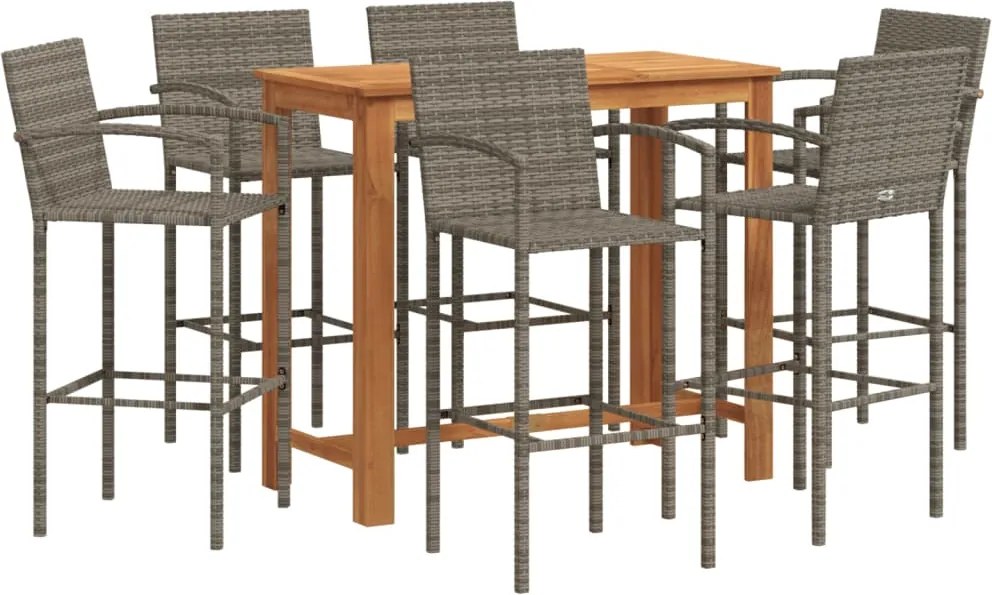 vidaXL Set bar de grădină, 7 piese, gri, lemn masiv acacia/ poliratan