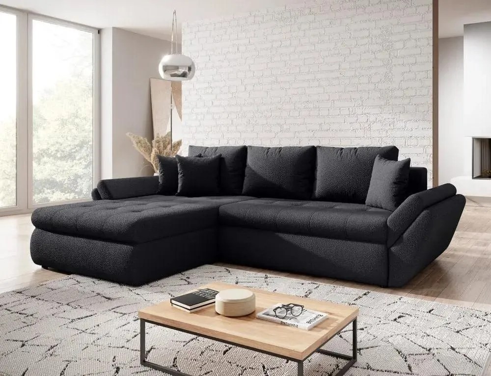 Colțar extensibil dumonde cu ladă de depozitare si sezut confortabil din spuma high-density, Loana Euphoria Black 270x185 cm