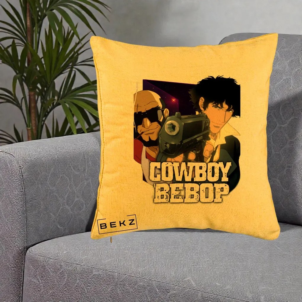 Perna Personalizata Cowboy Bebop Spike si Jet Poster, 40x40 cm, Galben, Husa Detasabila, Perna Inclusa, BEKZ®