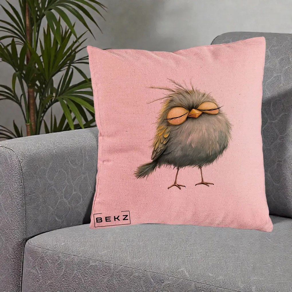 Perna Decorativa Pasare Teal Adormita cu Ochi Galbeni, 40x40 cm, Roz, Husa Detasabila, Perna Inclusa, BEKZ®