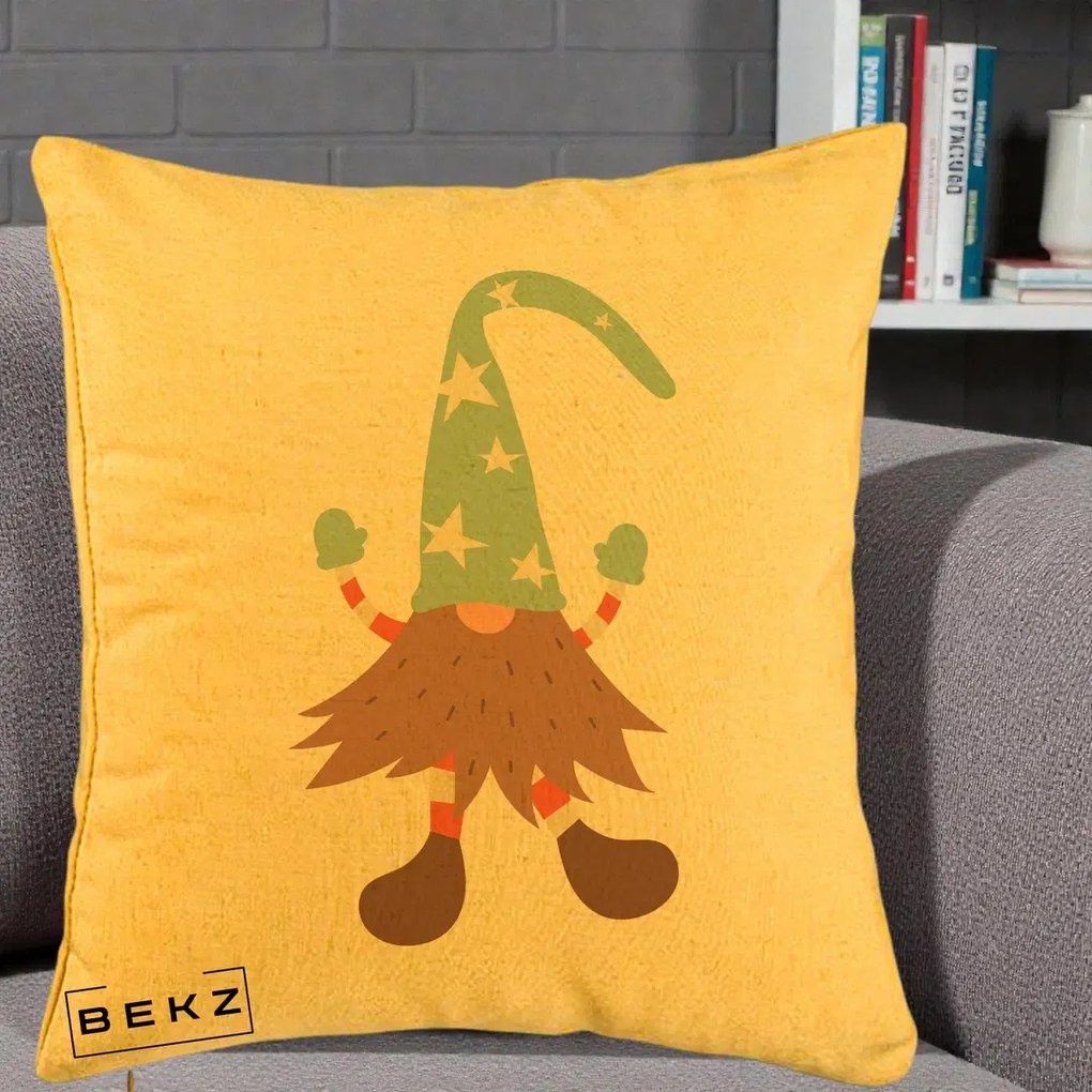 Perna Decorativa Pitic Gnom Nordic cu Cadou Menta, 40x40 cm, Galben, Husa Detasabila, Perna Inclusa, BEKZ®