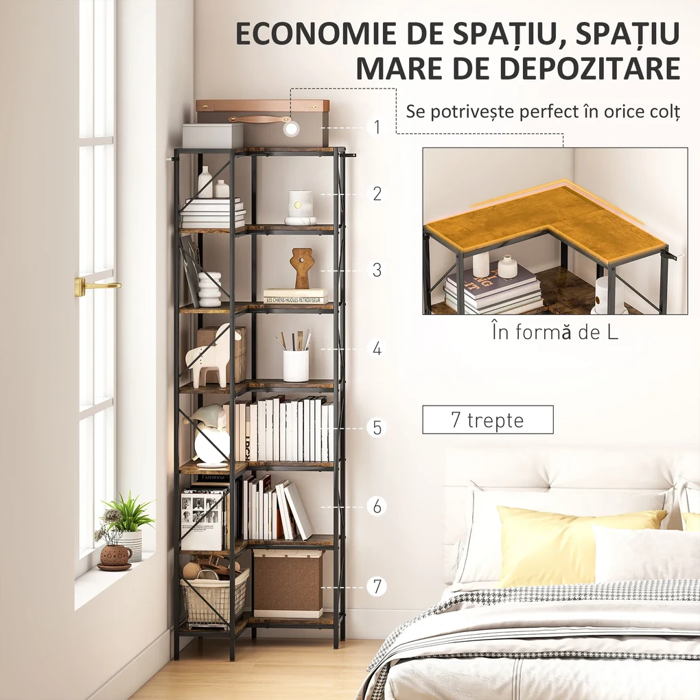 HOMCOM Bibliotecă de colț industrială cu 7 niveluri din pal melaminat și oțel, maro | Aosom Romania