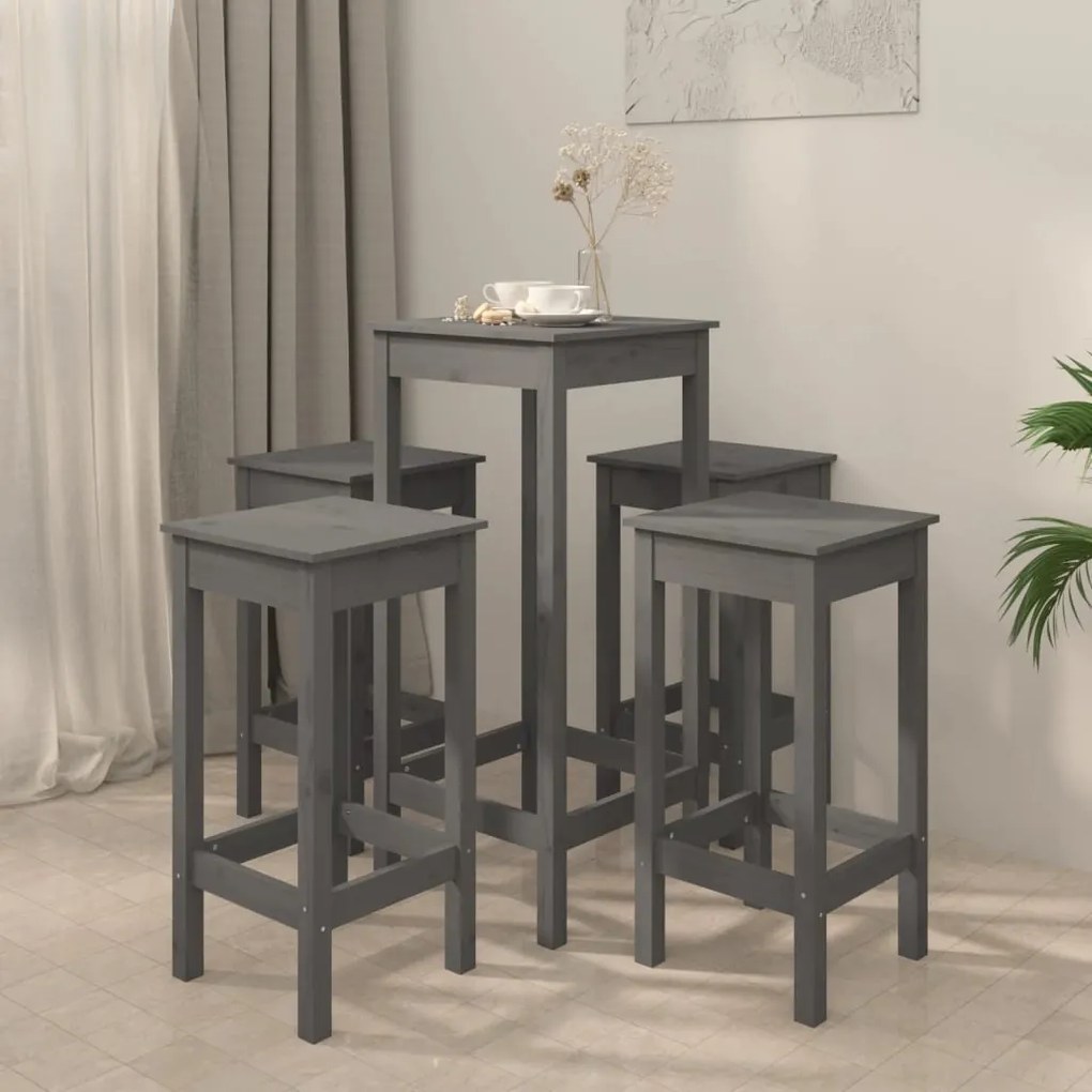 Set mobilier de bar, 5 piese, gri, lemn masiv de pin