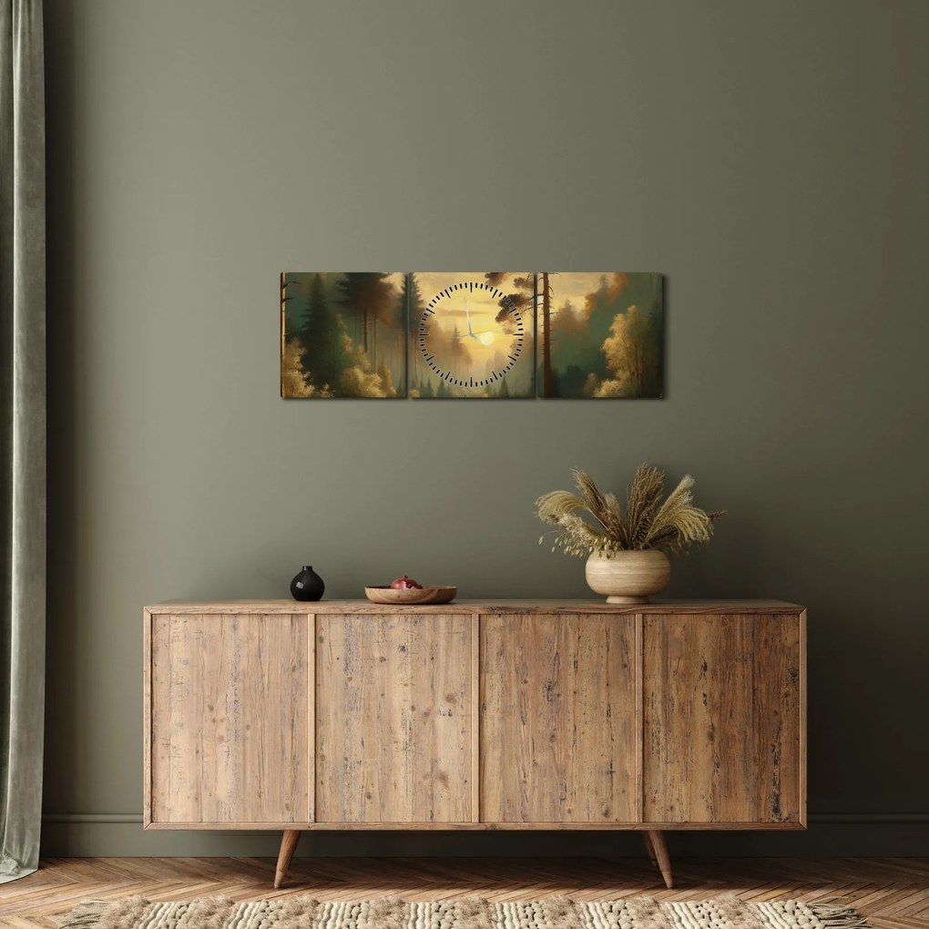 Tablou - Soare strălucind prin pădure (cu ceas) (90x30 cm)