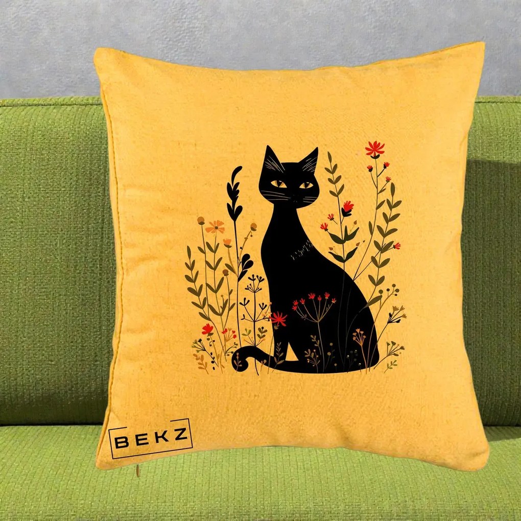 Perna Decorativa Pisica Neagra Botanica Rosu-Gri, 40x40 cm, Galben, Husa Detasabila, Perna Inclusa, BEKZ®