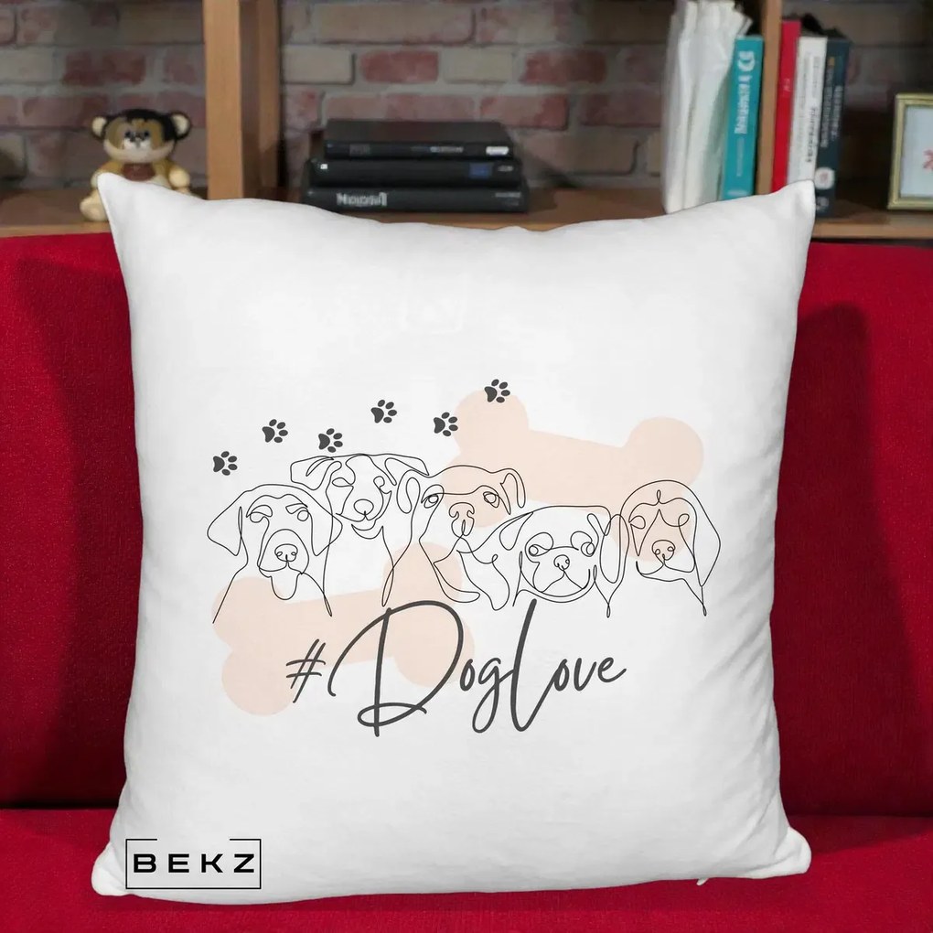 Perna Personalizata Dog Love Linie Minimalista, 40x40 cm, Alb Pufos, Husa Detasabila, Perna Inclusa, BEKZ®