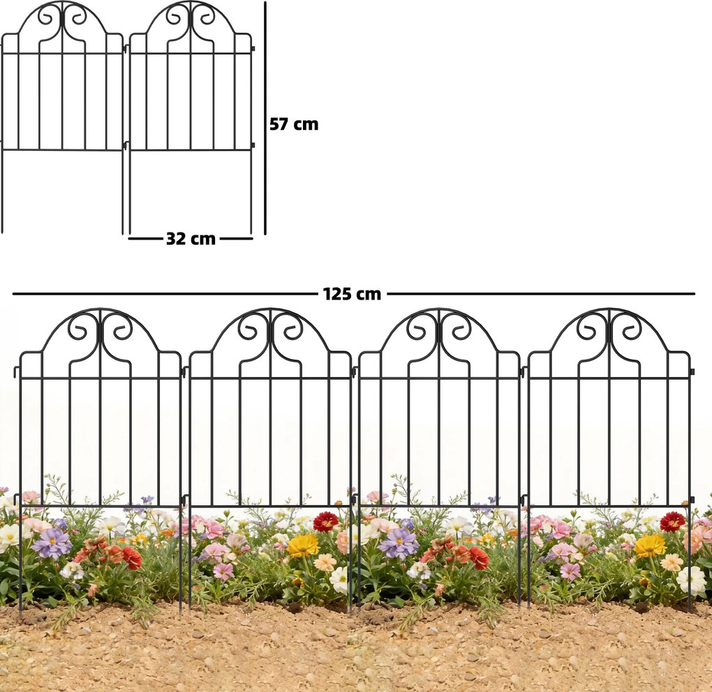 Outsunny Set cu 4 garduri metalice de grădină 125x57 cm cu design arcuit, rezistente, ușor de montat pentru patio, gazon, negru | Aosom Romania