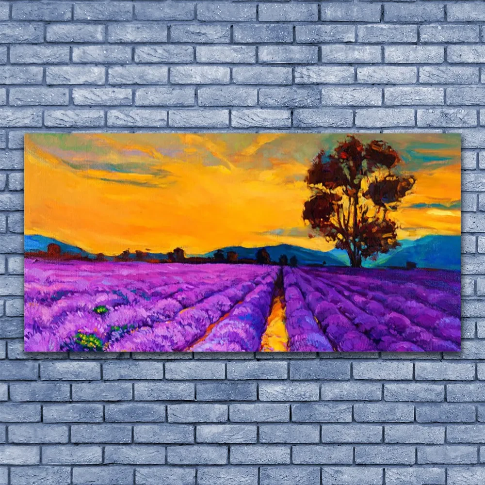 Tablou pe sticla Câmp Peisaj Violet Galben Maro