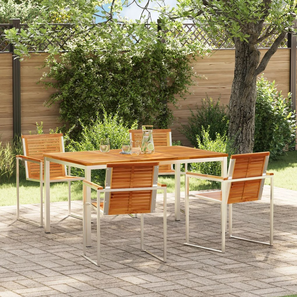 vidaXL Set de dining pentru grădină , 5 piese, masă din lemn de tec și oțel inoxidabil.