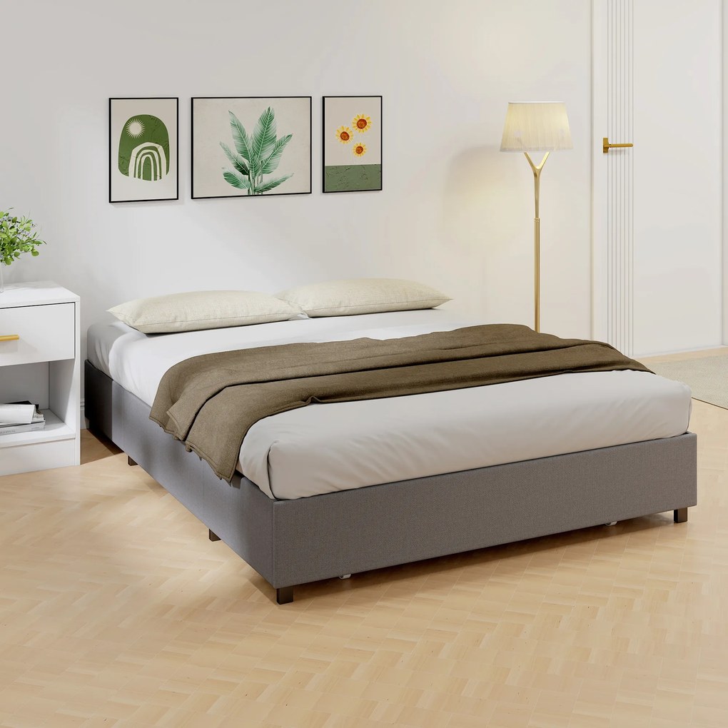 HOMCOM Pat dublu 140x190 cm cu somier, 3 sertare și cadru metalic Capacitate 363 kg Gri | Aosom Romania