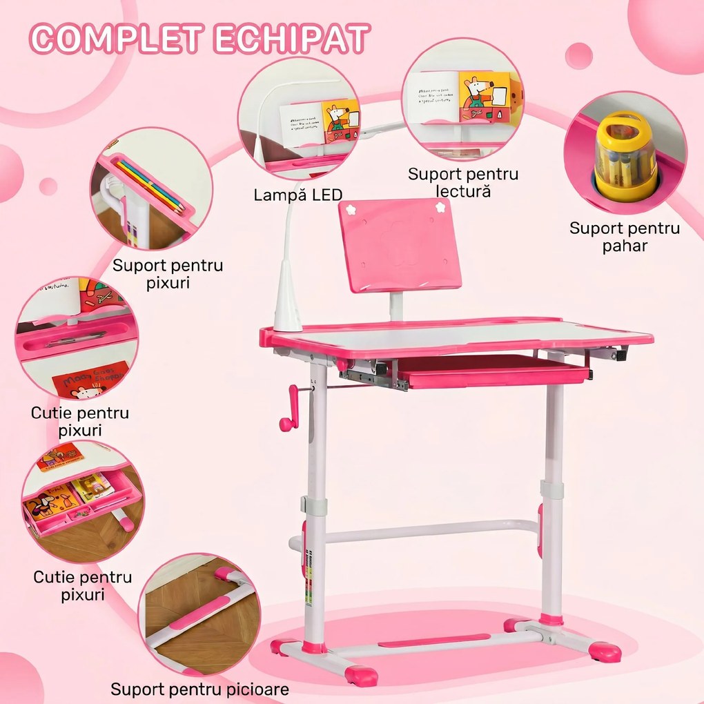 HOMCOM Birou pentru Copii cu Scaun Reglabil, Masă cu Sertar, Lampă și Suprafață Înclinabilă, 80x49,5x82-104 cm, Roz | Aosom Romania