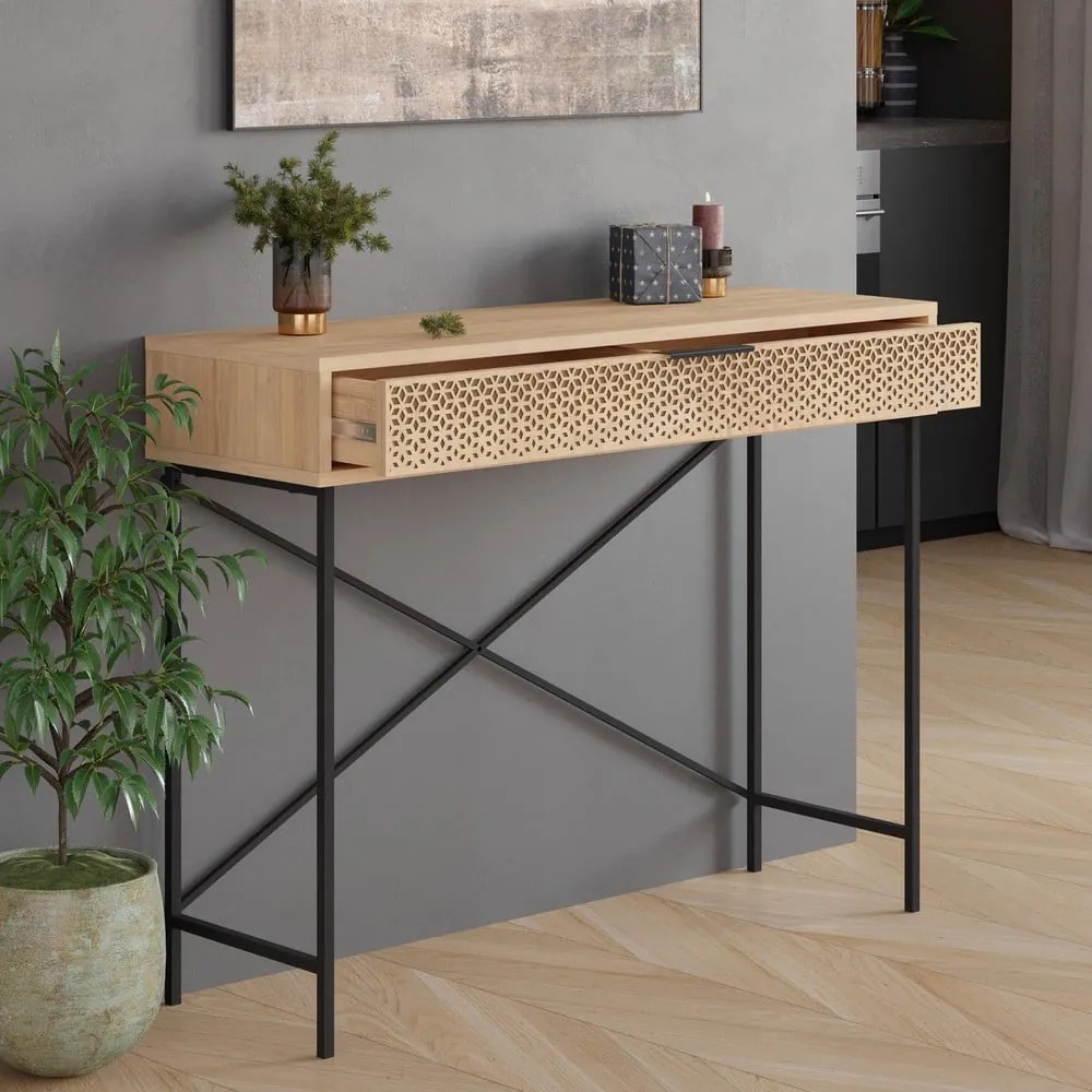 Masă consolă în culoare naturală cu aspect de lemn de stejar 35.5x110 cm Ecrin – Marckeric