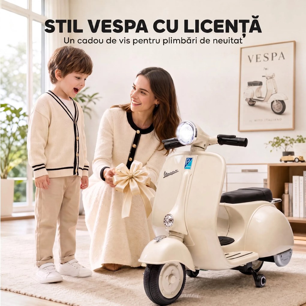 AIYAPLAY Motocicletă Electrică pentru Copii 3+ Ani, Licență VESPA, 6V, cu Roți Ajutătoare Detașabile, Max. 30 kg, Alb | Aosom Romania