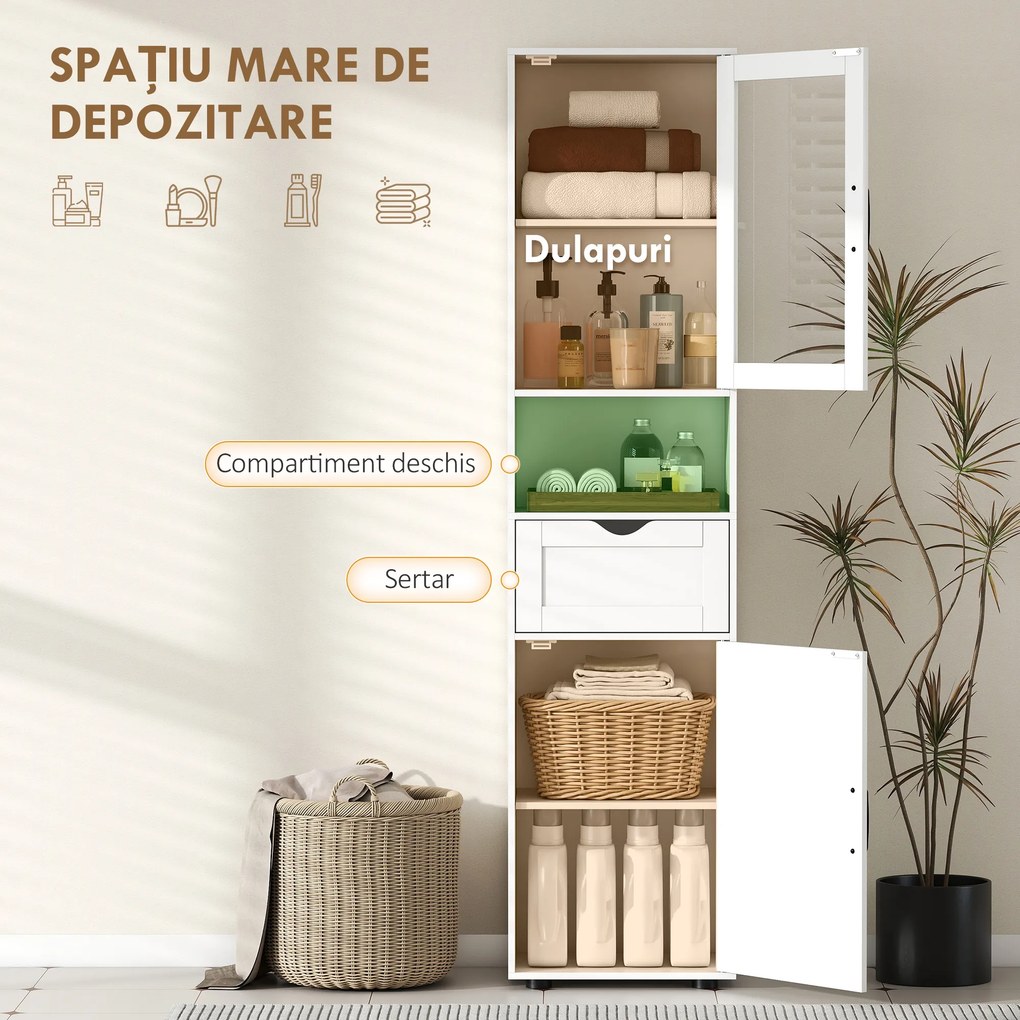 HOMCOM Mobilier de Baie Slim cu Dulapuri și Ușă din Sticlă, Mobilier Economizitor de Spațiu cu Raft Deschis, Sertar și Rafturi Ajustabile, Coloană Modernă, 40x30x165 cm, Alb | Aosom Romania