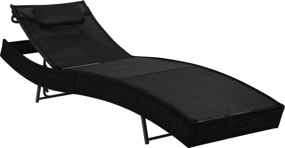 vidaXL Șezlong de plajă cu pernă, negru, poliratan