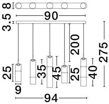 Lustra moderna cu 5 pendule LED, Metal, Sticla, Moca, SANO
