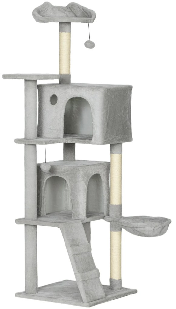 PawHut Arbore de Zgâriat pentru Pisici Înalt de 160 cm cu 2 Căsuțe, Hamac, Pat și Stâlpi din Sisal, Gri | Aosom Romania