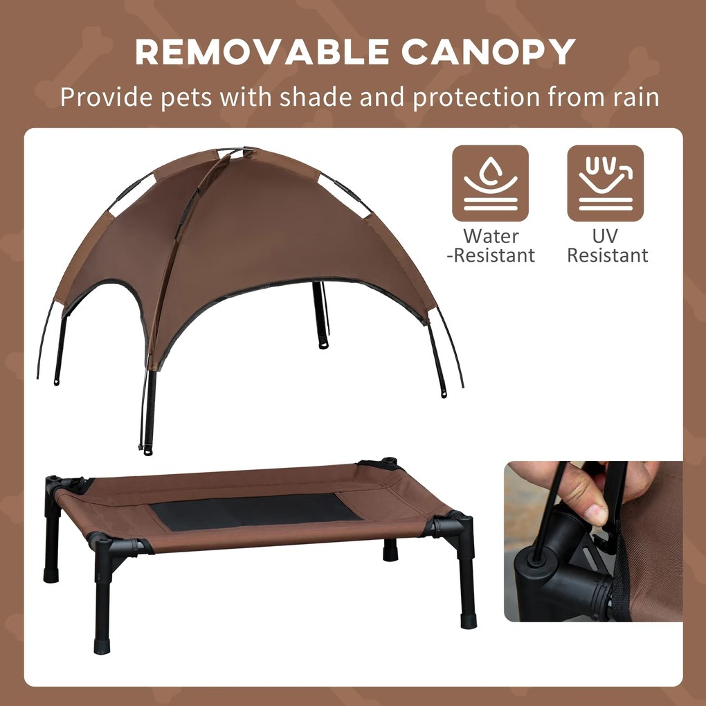 PawHut Pat înălțat pentru câini cu baldachin, pat pentru animale de companie, pat pentru câini de exterior cu acoperiș, respirabil, material textil pentru camping Cafea 76 x 61 x 73 cm | Aosom Romania