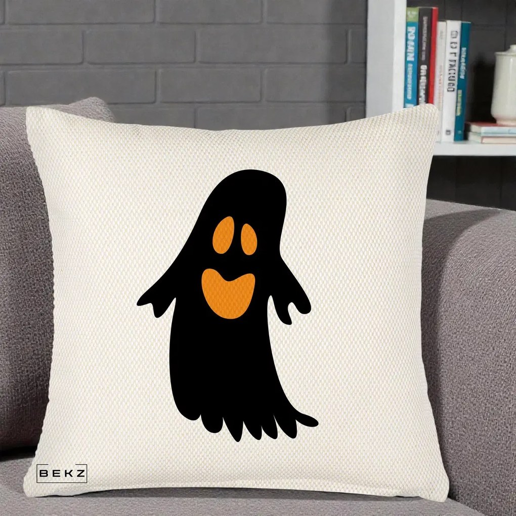 Perna Decorativa Halloween Fantoma Neagra cu Ochi Portocalii, 40x40 cm, Crem Reliefat, Husa Detasabila, Perna Inclusa, BEKZ®