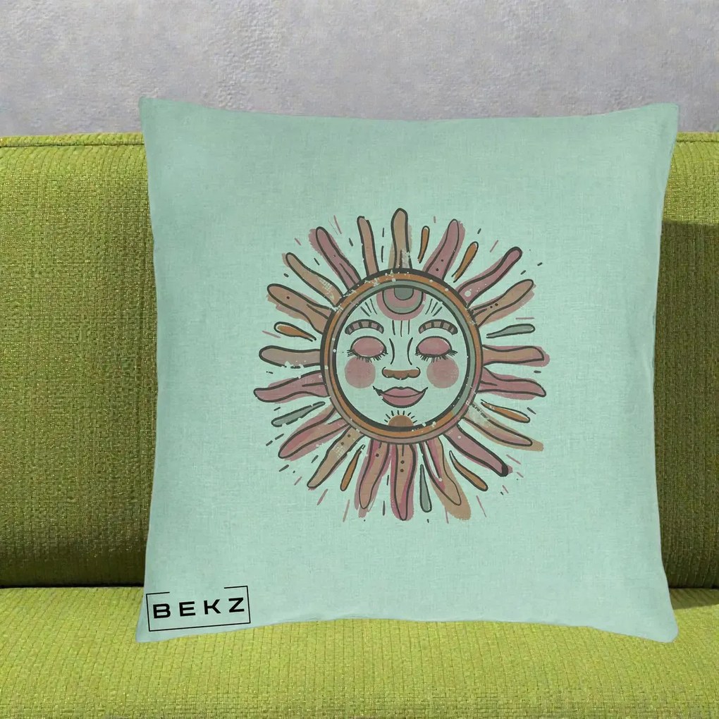 Perna Decorativa Soare Roz Tribal, 40x40 cm, Verde Menta, Husa Detasabila, Perna Inclusa, BEKZ®