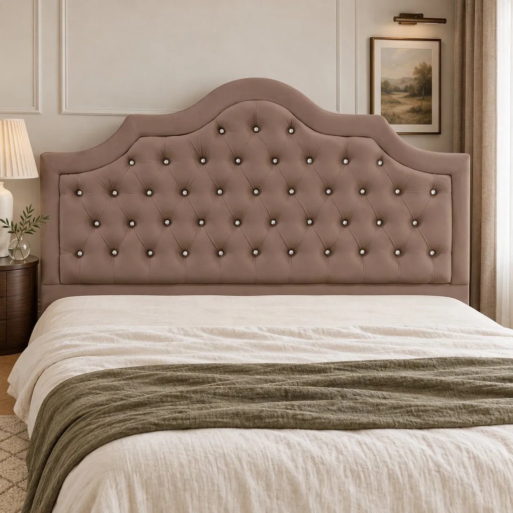 Pat tapițat Chesterfield din catifea Imperio Deluxe 160×200 cm, cappuccino, cu ladă de depozitare