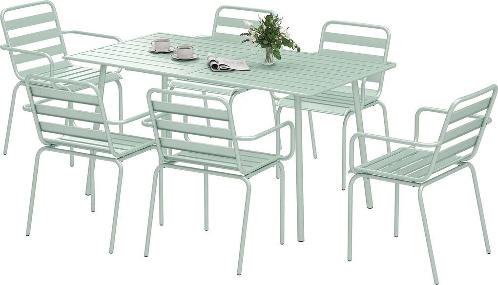 Outsunny Set de grădină - set de luat masa 7 piese cu 1 masă și 6 scaune suprapuse din oțel, verde deschis | Aosom Romania