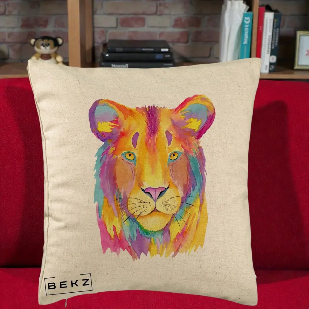 Perna Decorativa Leu Acuarela Curcubeu, 40x40 cm, Bej, Husa Detasabila, Perna Inclusa, BEKZ®