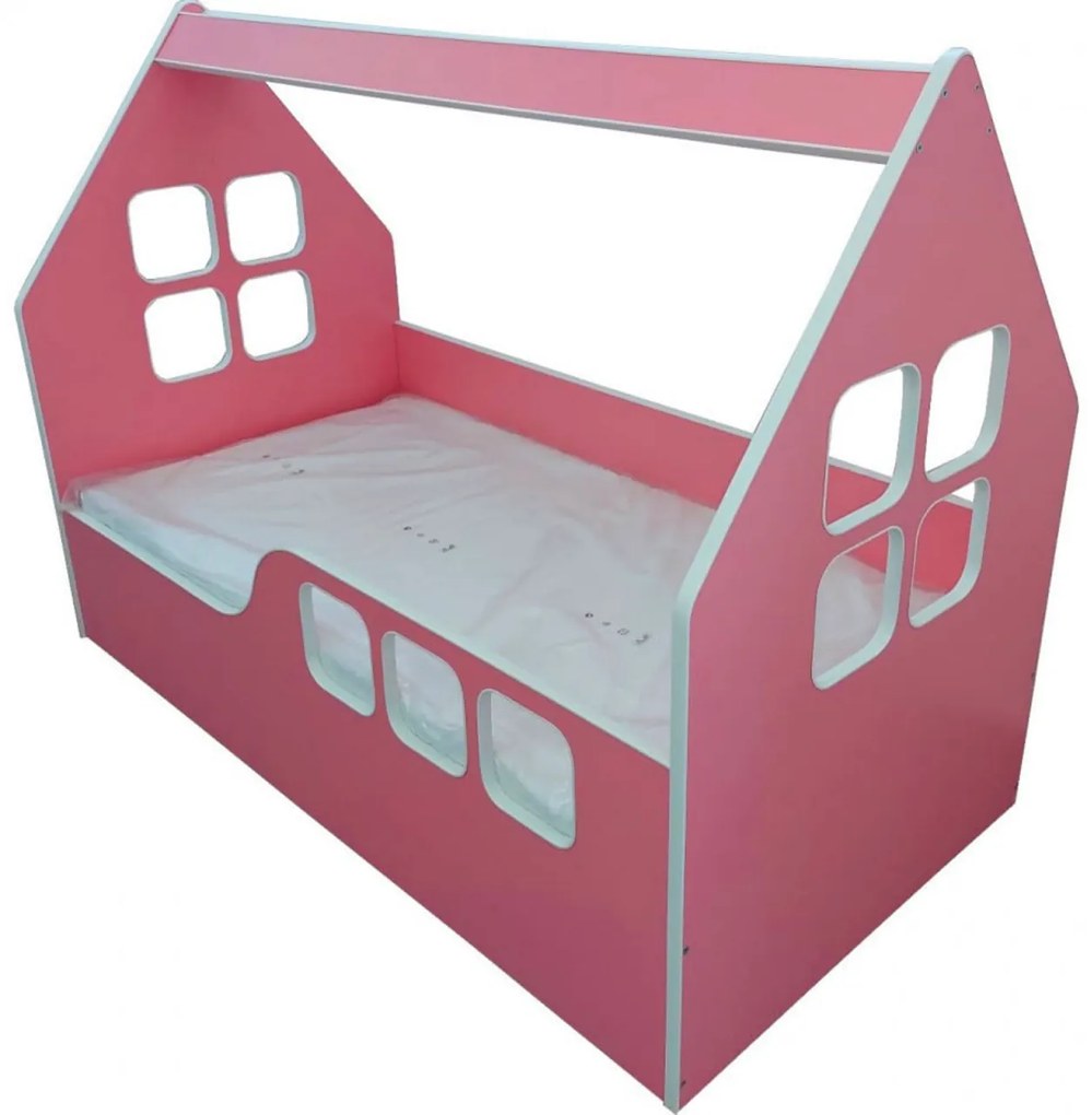 Pat tip casuta pentru copii NOVOKIDS™ Magic Pink House, 160x80 CM, Pal 18 mm, Margini anti-lovire, Protectie Laterala cu montare universala, Roz
