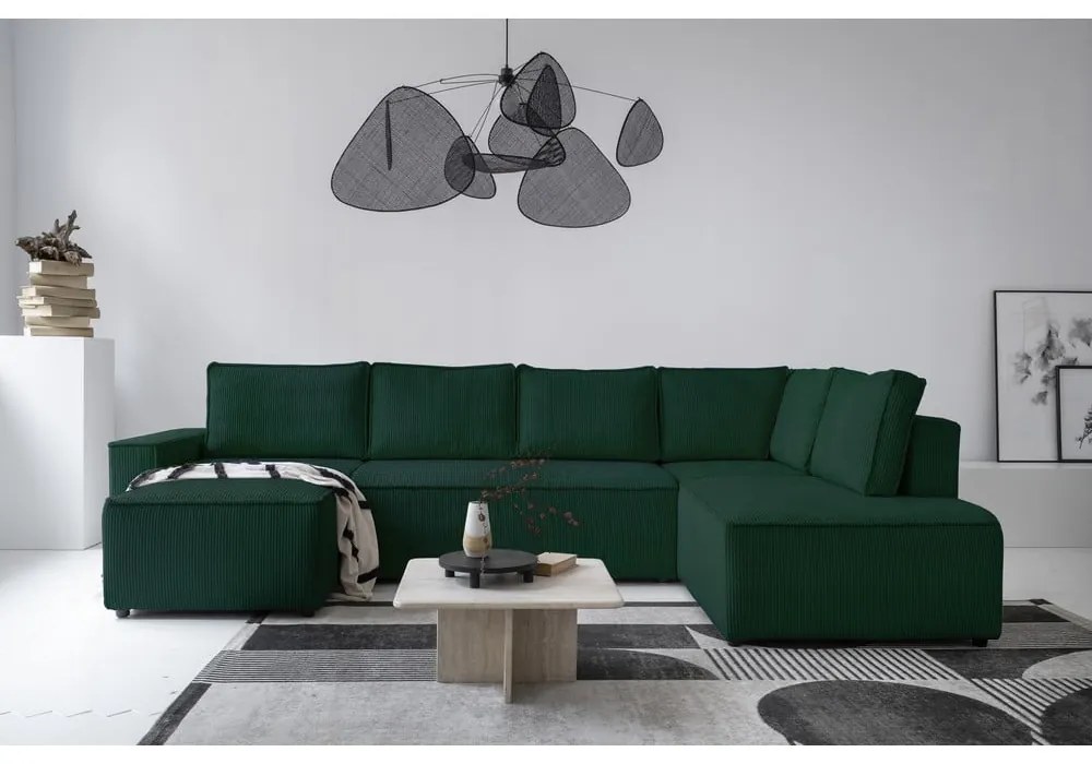 Colțar verde închis extensibil cu tapițerie din catifea reiată (cu colț pe partea dreaptă/în formă de "U") Brave Dave – Miuform