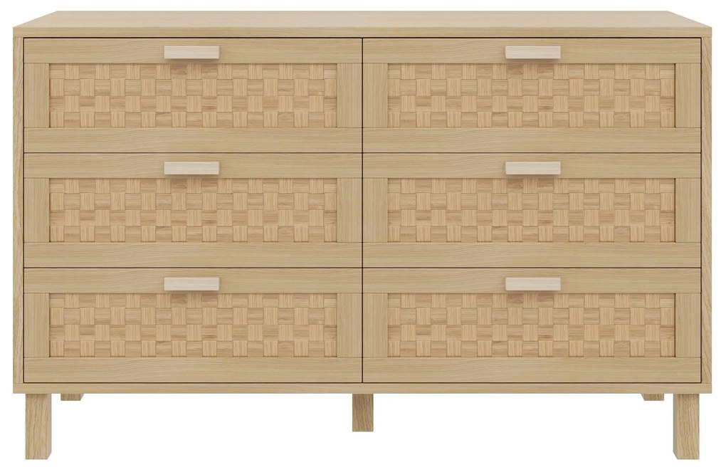 Comodă cu șase sertare din ratan, dulap de dormitor versatil cu spațiu generos de depozitare, 120x40x75 cm, Culoare naturală