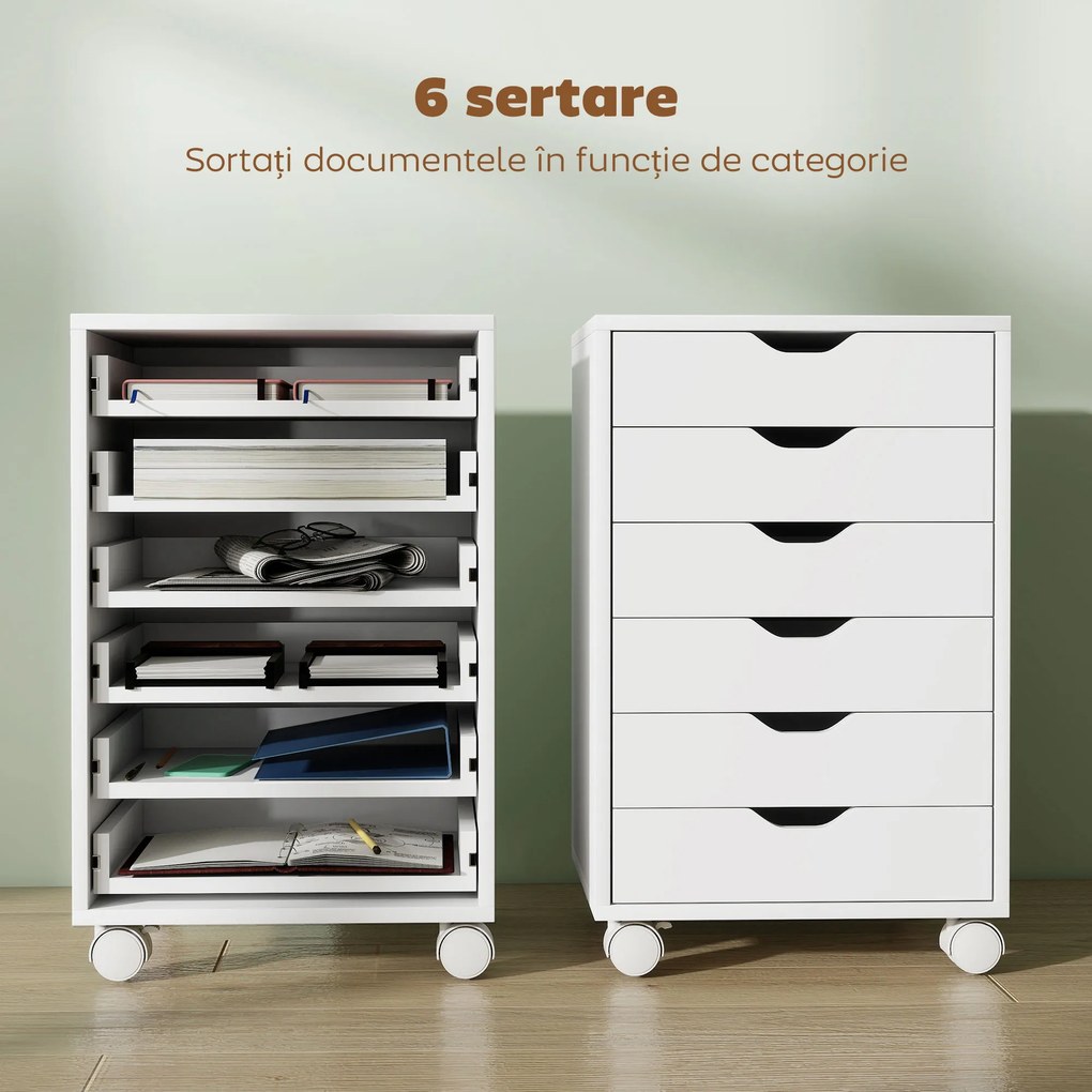 HOMCOM Sertar de Birou cu 6 Sertare Soft Close, 4 Roți, Sertar de Birou pentru Scrisori/Format A4, Dulap Vertical pentru Studio Imprimantă, 40x35x63 cm, Alb | Aosom Romania