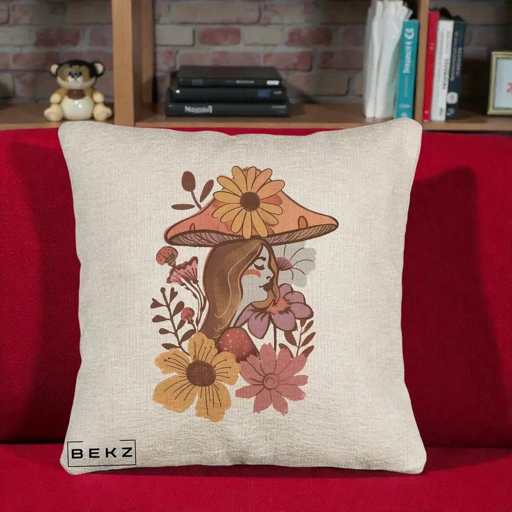 Perna Decorativa Fata Ciuperca Florala Boho, 40x40 cm, Bej Canapea, Husa Detasabila, Perna Inclusa, BEKZ®