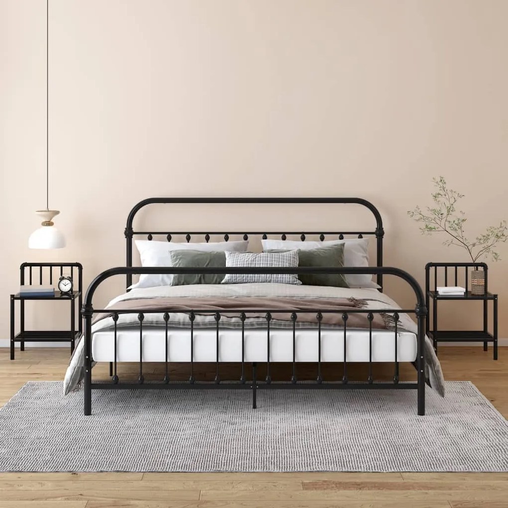 325100 vidaXL Noptiere, 2 buc., negru, metal și sticlă