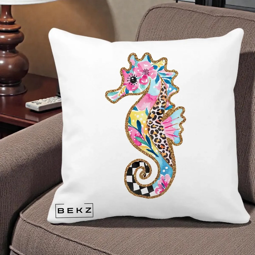 Perna Decorativa Calut de Mare Glitter Tropical, 40x40 cm, Alba Mata, Husa Detasabila, Perna Inclusa, BEKZ®