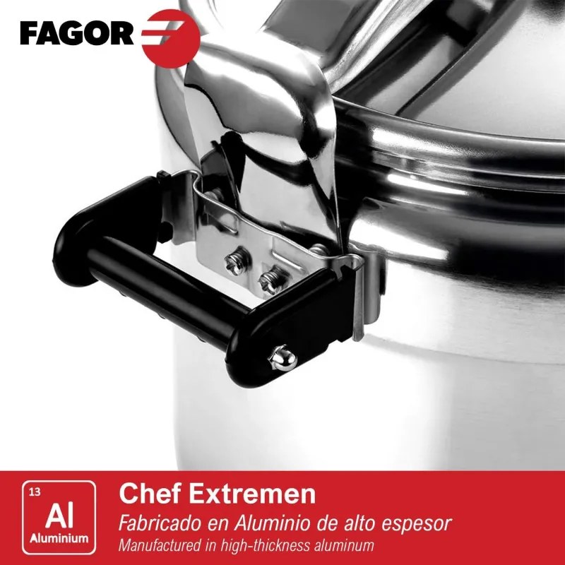 Oală sub presiune Fagor Chef Extremen 100602653, 15 L, 30 cm, 50 kPa, 3 sisteme de siguranta, Aluminiu, Argintiu