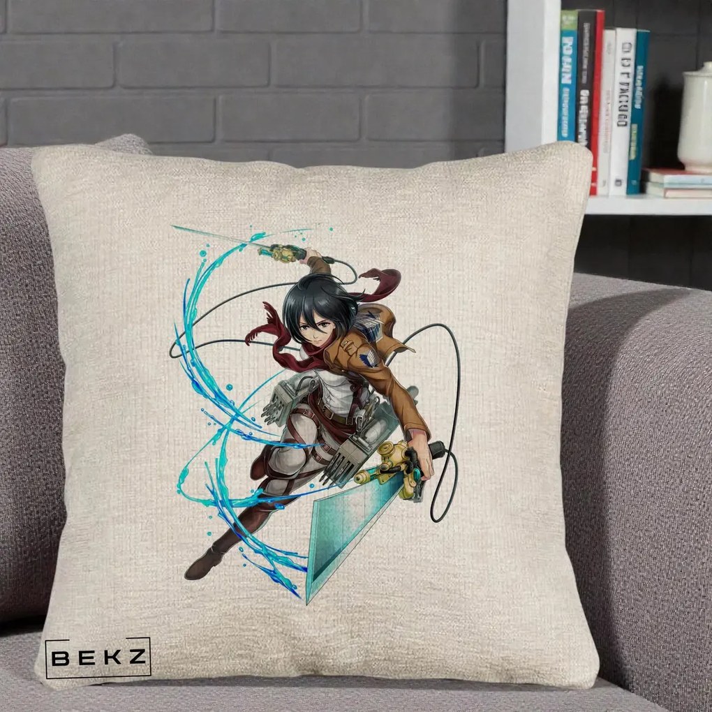 Perna Personalizata Attack on Titan Mikasa Ackerman Lupta, 40x40 cm, Bej Canapea, Husa Detasabila, Perna Inclusa, BEKZ®