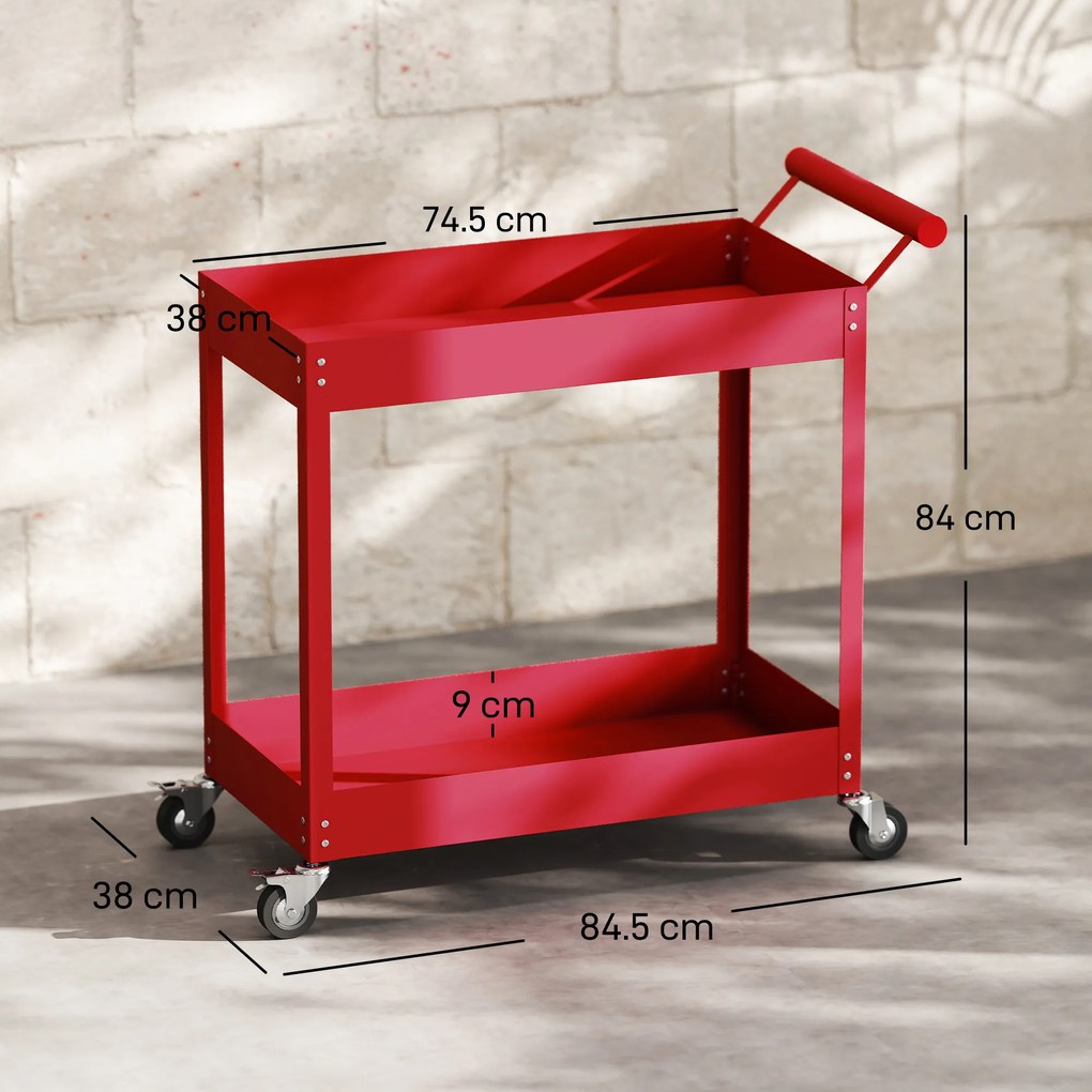 DURHAND Cărucior de atelier servantă atelier cu 2 niveluri, mâner lateral și roți blocabile, 84,5x38x84cm, roșu | Aosom Romania